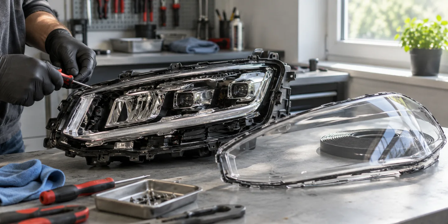 Geöffneter LED-Scheinwerfer auf der Werkbank einer Werkstatt für Scheinwerfer-Reparatur